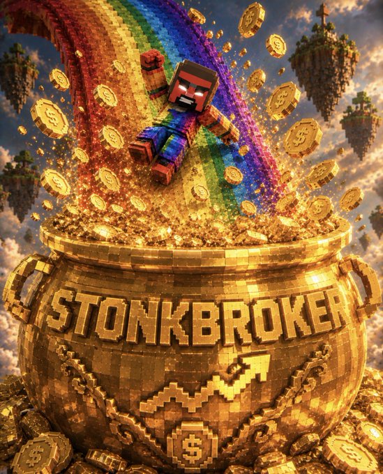 A Minecraft-style character bursting out of a pot of gold labeled 'STONKBROKER' with a rainbow, surrounded by floating gold coins featuring dollar signs.