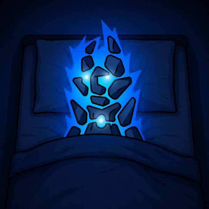 A dark digital illustration showing a pillow on a bed with a glowing blue rocky creature or spirit emerging from between the pillows, featuring illuminated eyes and jagged stone-like fragments.