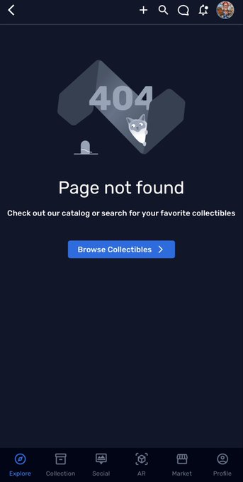A mobile app screen displays a 404 error with a graphic of a Husky dog, reading 'Page not found' and offering a 'Browse Collectibles' button.
