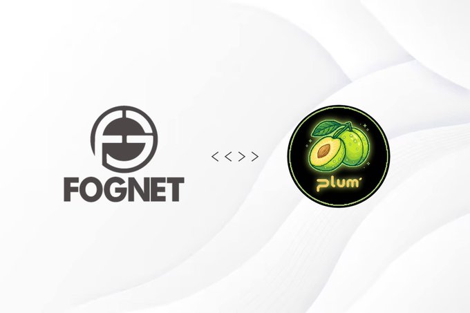 The image features two logos side by side against a white background with a black border. The logo for FOGNET is positioned above the logo for @plum_meme which is located below the FOGNET logo. Both logos are in black, making them stand out against the white backdrop. The text "Partnership Announcement" and "FOGNET is excited to partner with @plum_meme", along with a description of the partnership, can be seen on both logos.