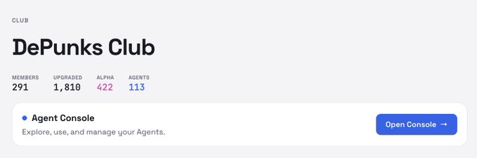 A dashboard interface for 'DePunks Club' showing stats: 291 members, 1,810 upgraded, 422 alpha, 113 agents, with an 'Agent Console' section.
