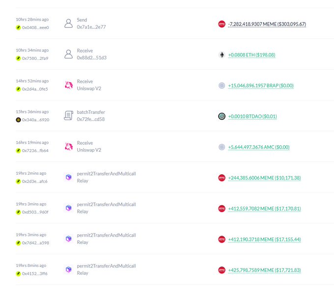 A cryptocurrency wallet transaction history displays various activities including sends of MEME tokens, receives of ETH, BTTDAO, and Uniswap V2 transactions.