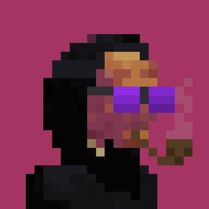 A heavily pixelated image of a person with dark hair wearing sunglasses with purple/pink reflective lenses against a magenta background.