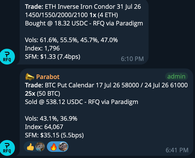 Discord chat messages showing crypto options trades including an 'ETH Inverse Iron Condor 31 Jul 26 1450/1550/2000/2100' bought at 18.32 USDC and a 'BTC Put Calendar 17 Jul 26 58000 / 24 Jul 26 61000' sold at 538.12 USDC, both via Paradigm RFQ.