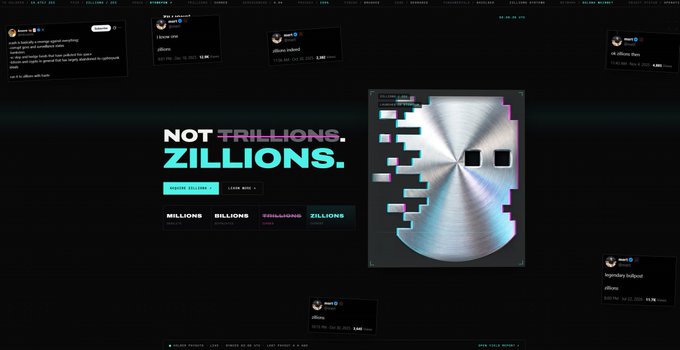 A dark-themed website screenshot displays the headline "NOT TRILLIONS. ZILLIONS." alongside navigation tabs for "MILLIONS," "BILLIONS," "ZILLIONS," and "TRILLIONS," and features a metallic 3D "Z" graphic.