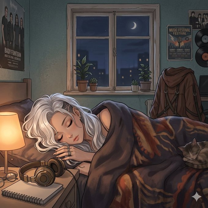 The image features a girl sleeping peacefully under a blanket while wearing headphones. The scene takes place next to a window that overlooks a city at night. There are several potted plants placed around the room, adding a touch of nature to space. A book is also visible on a surface in the room. The post about Web3 networks emphasizes the importance of engagement and community building within the Web3 ecosystem.