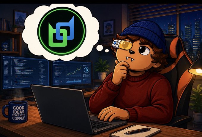 A cartoon illustration of a person with curly hair wearing a blue beanie and smart glasses, sitting at a laptop with a thought bubble showing a green cryptocurrency logo.