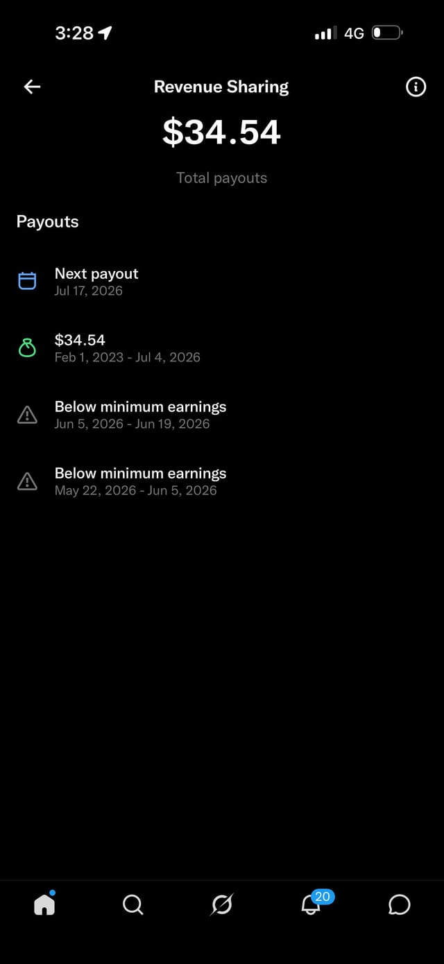 The image shows an Instagram Revenue Sharing screen displaying $34.54 in total payouts, with the first payout of $34.54 covering Feb 1, 2023 – Jul 4, 2026, and a next payout scheduled for Jul 17, 2026. This visual relates to the post celebrating the receipt of a first payout of $34.54 from the platform's revenue-sharing program.