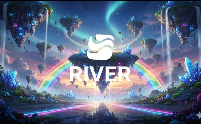 A vibrant fantasy landscape featuring floating islands, glowing blue crystals, waterfalls, and rainbows under an aurora-lit sky displays the "RIVER" logo and brand name in the center, visually evoking the post's message of hidden transformation beneath a calm surface—mirroring the idea that River Inc. is quietly evolving beyond its past focus on points, seasons, and airdrops, with Season 6 (S6) continuing to introduce new elements like staking, governance, and events.