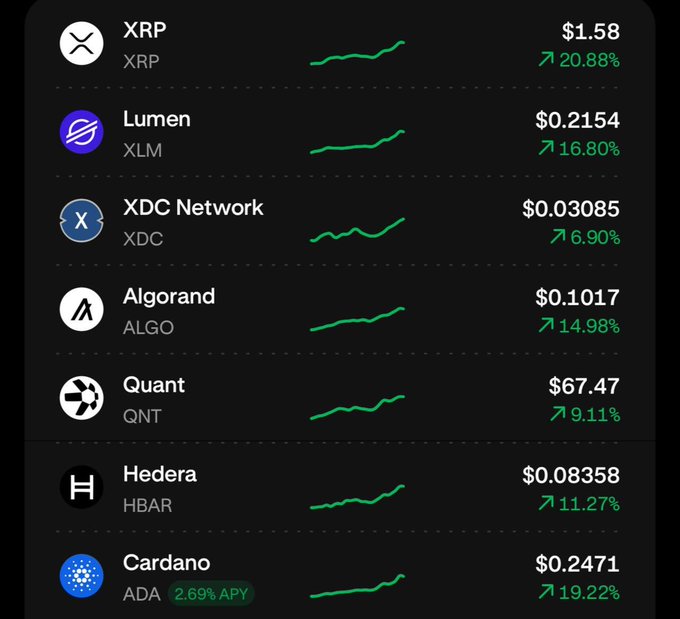 A cryptocurrency market dashboard displays seven ISO20022-related tokens—all showing positive 24-hour gains—including XRP ($1.58, +20.88%), Lumen/XLM ($0.2154, +16.80%), XDC Network ($0.03085, +6.90%), Algorand/ALGO ($0.1017, +14.98%), Quant/QNT ($67.47, +9.11%), Hedera/HBAR ($0.08358, +11.27%), and Cardano/ADA ($0.2471, +19.22%, with 2.69% APY), each accompanied by green upward-trending price charts.