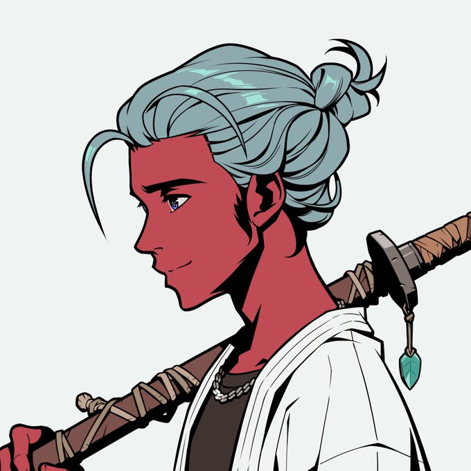 A profile illustration of a red-skinned character with light blue hair tied in a bun, shown in side profile with a sword slung across their back, fitting the post's celebration of Azuki's evolution into a multi-format IP showcased at Anime Expo.