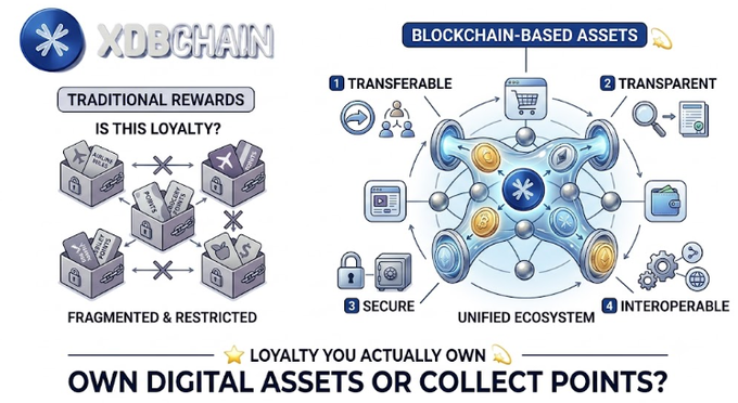 The image is a comparison infographic for **XDBCHAIN**, contrasting "Traditional Rewards" (labeled "Fragmented & Restricted" and questioned with "Is this loyalty?") against "Blockchain-Based Assets" highlighted with four key benefits: 1) Transferable, 2) Transparent, 3) Secure, and 4) Interoperable, all within a "Unified Ecosystem." It closes with the slogan "Loyalty you actually own" and asks, "Own digital assets or collect points?"—directly illustrating the post's argument that traditional loyalty programs are fragmented while blockchain enables cross-platform, customer-owned rewards.