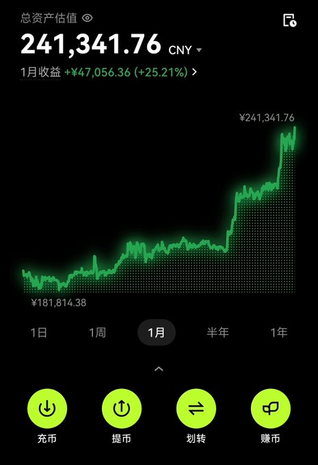 Mobile app screenshot in Chinese showing a portfolio value of '¥241,341.76 CNY' with a monthly gain of '+¥47,056.36 (+25.21%)', displaying a green upward-trending line chart and four bottom action buttons (充币/提币/划转/赚币).