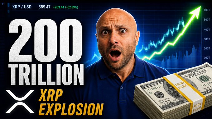 The image features a shocked bald man against a backdrop of an upward-trending stock chart, with bold text declaring "200 TRILLION XRP EXPLOSION" and showing XRP/USD at $589.47 (+52.89%), alongside stacks of cash. This dramatic visual amplifies the post's claim about SWIFT going live with blockchain rails across 50+ banks, using the exaggerated headline to suggest XRP is poised for a massive price surge.