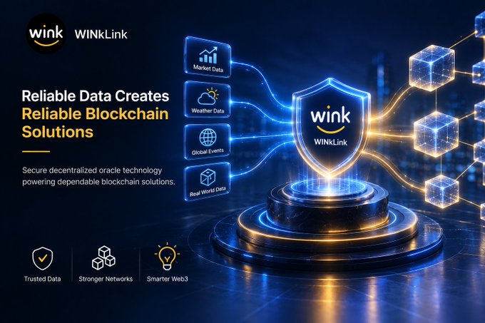 A tech-style promotional graphic for 'WINkLink' with the tagline 'Reliable Data Creates Reliable Blockchain Solutions,' highlighting features like 'Market Data,' 'Weather Data,' 'Global Events,' and 'Real World Data' around a central shield logo.