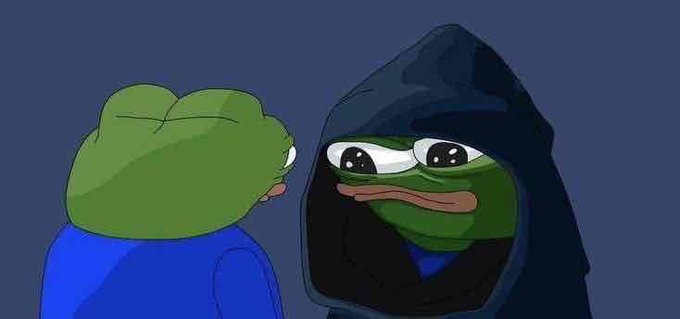 A cartoon image featuring a green frog character in a blue shirt on the left, facing another frog wearing a dark hooded cloak with a melancholic expression and watery eyes, set against a dark blue background.