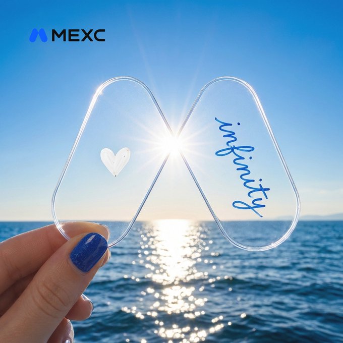 A hand holds up a clear, "M" shaped object with a heart and the word "infinity" written on it, seen against a bright ocean horizon with the MEXC logo above. The image's infinity symbol and horizon imagery, coupled with the "GM" in the post, suggest continuous growth and new beginnings, likely related to MEXC's aspirations.