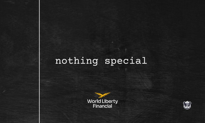 A black chalkboard-style slide displays the text 'nothing special' alongside the 'World Liberty Financial' logo with a gold eagle and a small monkey icon.