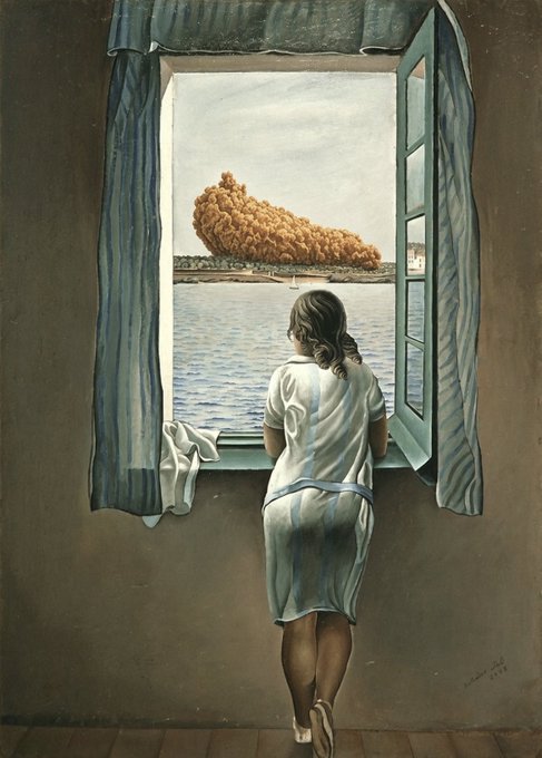 A painting shows a woman in a white dress standing at an open window, gazing out at a body of water where a large, golden, loaf-shaped cloud formation hovers above the horizon.