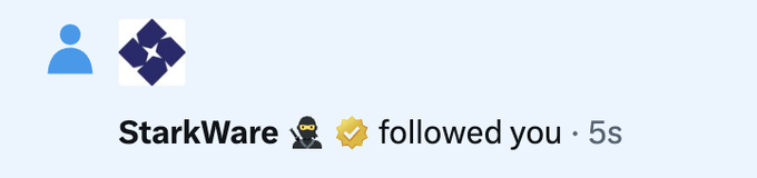 The image shows a Twitter/X notification indicating that "StarkWare 🤖☉ followed you • 5s," which directly answers the post's call for following accounts bullish on encrypted markets and quantum resistance, as StarkWare is a prominent blockchain infrastructure company focused on zero-knowledge proofs and cryptographic security.