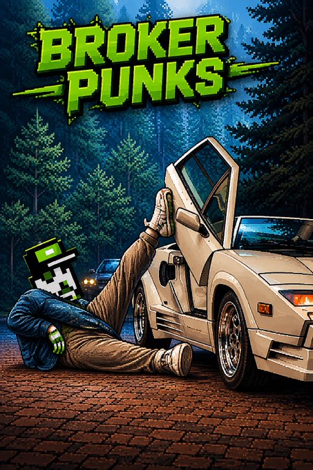 A poster titled 'BROKER PUNKS' showing a pixel-art character in a green hat lying on the ground in front of a white sports car in a forest setting.