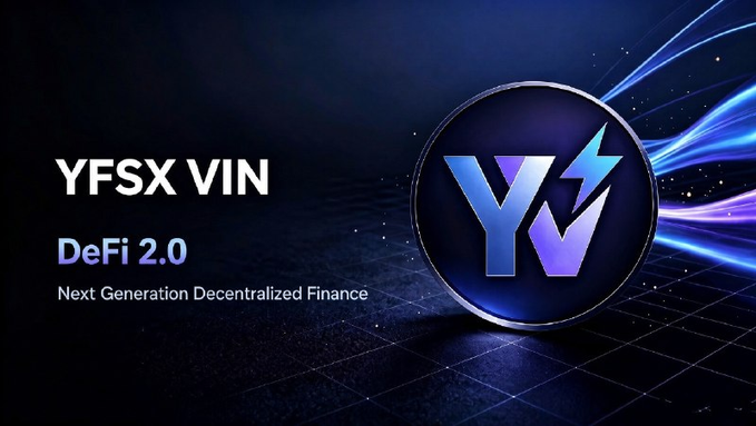 A dark digital graphic displays a glowing purple and blue circular logo featuring a stylized "Y" with a lightning bolt, alongside the text "YFSX VIN," "DeFi 2.0," and "Next Generation Decentralized Finance." The image visually reinforces the post's focus on YFSX and VIN tokens as it relates to a next-generation decentralized finance protocol built on a dual-token model.