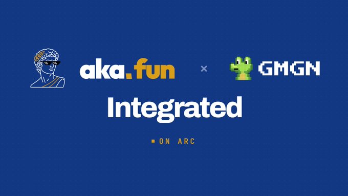 A blue promotional graphic showing logos for aka.fun and GMGN with the text "Integrated" and "ON ARC."
