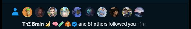 A dark interface element showing a row of profile avatars with the notification text "ThE Brain and 81 others followed you • 1m".