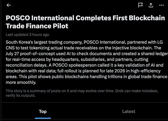 A Grok-generated news summary titled 'POSCO International Completes First Blockchain Trade Finance Pilot' about South Korea's POSCO International partnering with LG CNS to tokenize trade receivables on the Injective blockchain.