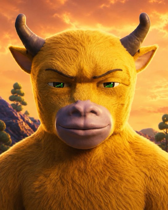 A 3D animated yellow-orange bull character with horns and green eyes stares intensely forward against a sunset sky with mountains and trees in the background.