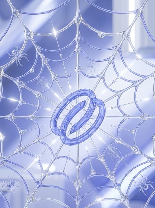 Two intertwined diamond-encrusted rings hang suspended in a glistening, dew-covered spider web with small spiders perched along the strands. The dreamy, sparkling imagery pairs with "BAND NEW DAY" as a clever wedding pun, suggesting a fresh start in matrimony symbolized by the diamond bands at the center of the web.