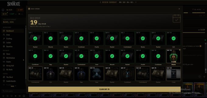 A screenshot of a video game interface called 'Syndicate' showing a '19 day streak' with a calendar of completed daily tasks (Rocket, Muscle, Cooldown, Hustle, Contraband, Gears, Rep) yielding XP and a '+15% bonus'.