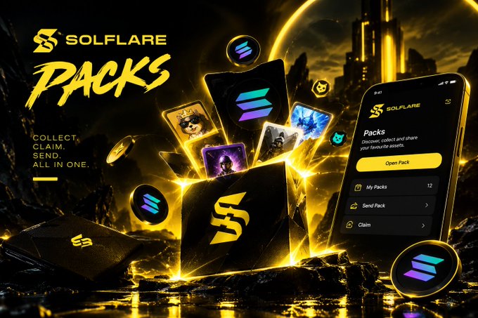 Promotional banner for 'SOLFLARE PACKS' featuring the tagline 'COLLECT, CLAIM, SEND. ALL IN ONE.' with a smartphone interface showing 'Open Pack', 'My Packs 12', 'Send Pack', and 'Claim' options alongside Solana (SOL) logo cards.