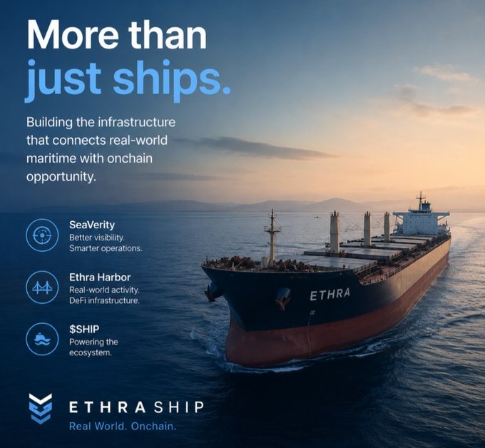 A promotional graphic for 'ETHRA SHIP' featuring a large cargo ship on the ocean with the headline 'More than just ships' and listing features like SeaVerity, Ethra Harbor, and $SHIP token.