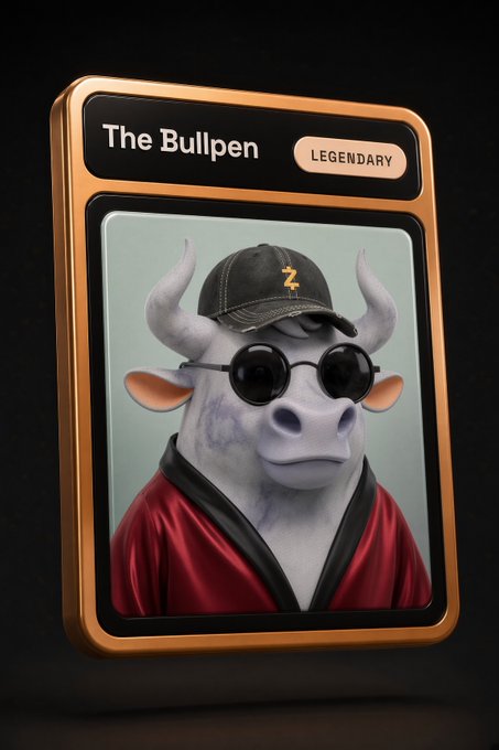 A trading card-style image titled 'The Bullpen' labeled 'LEGENDARY' featuring a stylized 3D bull character wearing a black cap with a gold 'Z' logo, sunglasses, and a red robe.