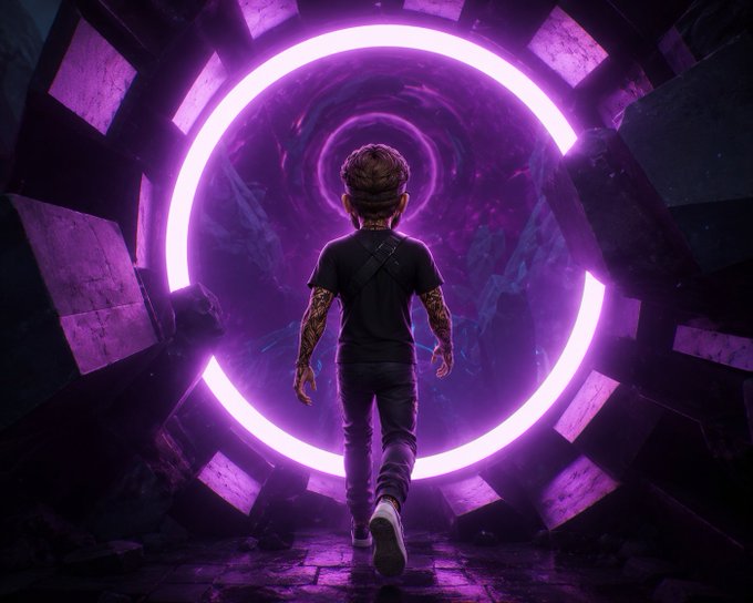 A 3D-rendered scene showing a person with tattooed arms walking toward a glowing purple circular portal set within a dark, mechanical structure.