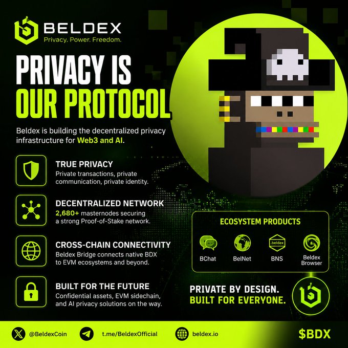 A promotional graphic for Beldex with the tagline 'PRIVACY IS OUR PROTOCOL' and 'Privacy. Power. Freedom.' features a pixel-art skull character and lists features like 'TRUE PRIVACY', 'DECENTRALIZED NETWORK', and 'CROSS-CHAIN CONNECTIVITY' alongside its ecosystem products and social handles.