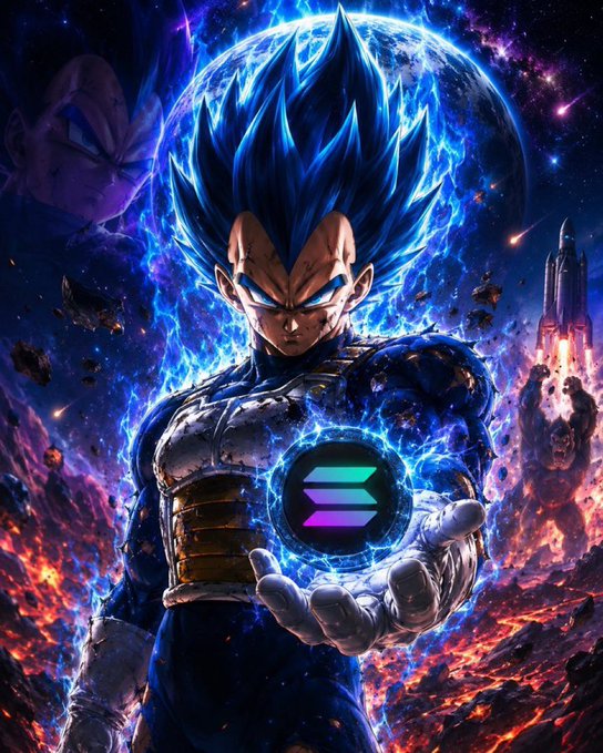 A highly detailed fan-art image of Vegeta from Dragon Ball Z in Super Saiyan Blue form, holding a glowing Solana (SOL) cryptocurrency logo in his palm, with Majin Vegeta faintly visible in the background.