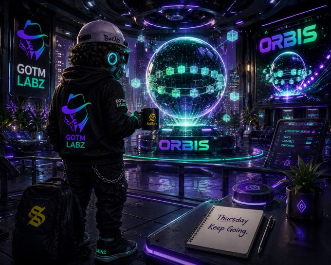 A futuristic digital artwork shows a person in a 'GOTM LABZ' hoodie and mask interacting with a glowing cyan 'ORBIS' hologram, with a notebook reading 'Thursday Keep Going.' in the foreground.