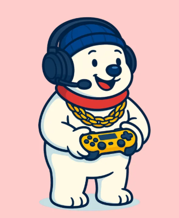 A cartoon polar bear wearing a blue beanie, headphones with a microphone, a gold chain, and holding a game controller, set against a pink background. The playful "gamer bear" imagery ties into the post's message about @conso_xyz standing out in the NFT space with its limited 5,555 supply and forward-thinking vision.