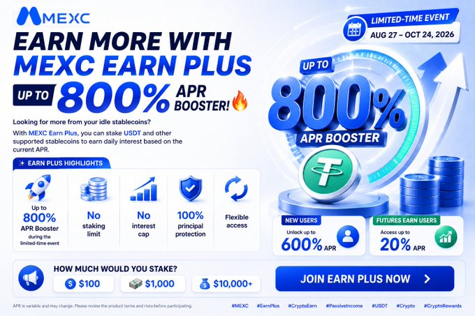 A promotional banner for MEXC 'Earn Plus' offering up to 800% APR Booster for staking stablecoins, running as a limited-time event from August 27 to October 24, 2026.