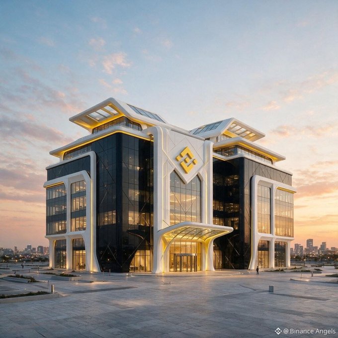 A futuristic, AI-generated rendering showcases a sleek, modern Binance corporate headquarters at sunset, featuring a striking architectural design with white curved facades, dark glass panels, and a prominent gold Binance logo at the center, with the watermark "@Binance Angels" visible in the bottom right corner—imagining a 2080 vision of the crypto giant's office as referenced in the post.