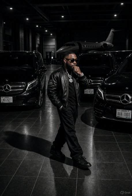 A man in a black leather jacket, black outfit, and sunglasses stands confidently in a dark showroom with luxury black Mercedes-Benz vans and a private jet behind him, with a 'Grok' watermark in the corner.