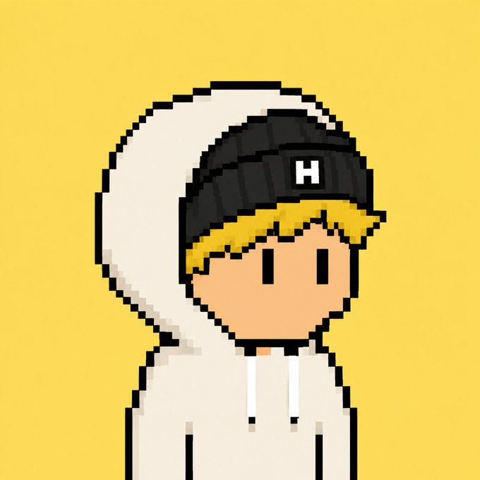 A pixel art illustration of a character with blonde hair wearing a beanie with the letter 'H' and a white hoodie, set against a yellow background.