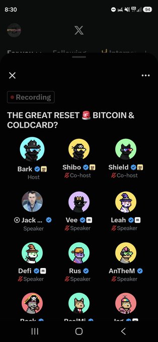 Mobile screenshot of a Twitter Spaces recording titled 'The Great Reset, Bitcoin & Coldcard?' hosted by Bark with co-hosts Shibo and Shield, featuring speakers including Jack, Vee, Leah, Defi, Rus, and AnTheM.