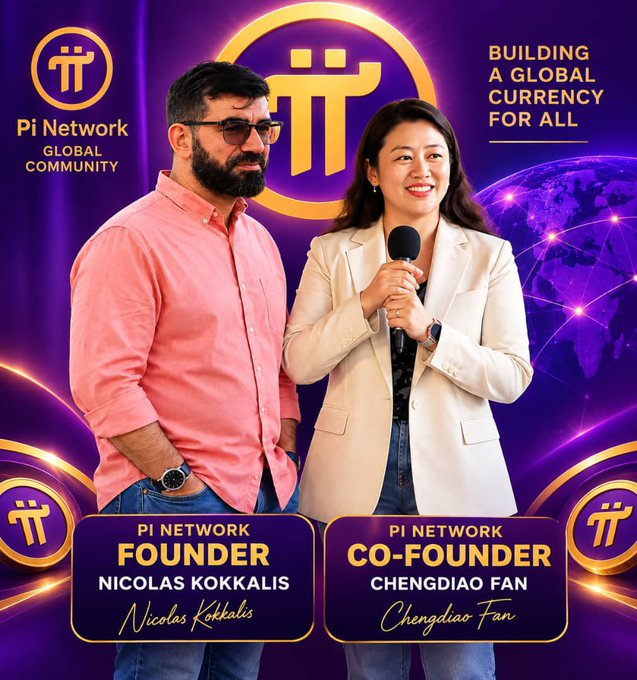 A promotional graphic for Pi Network featuring founder Nicolas Kokkalis (in pink shirt) and co-founder Chengdiao Fan (in white blazer holding a microphone), with the Pi Network logo and 'Building a Global Currency for All' text.