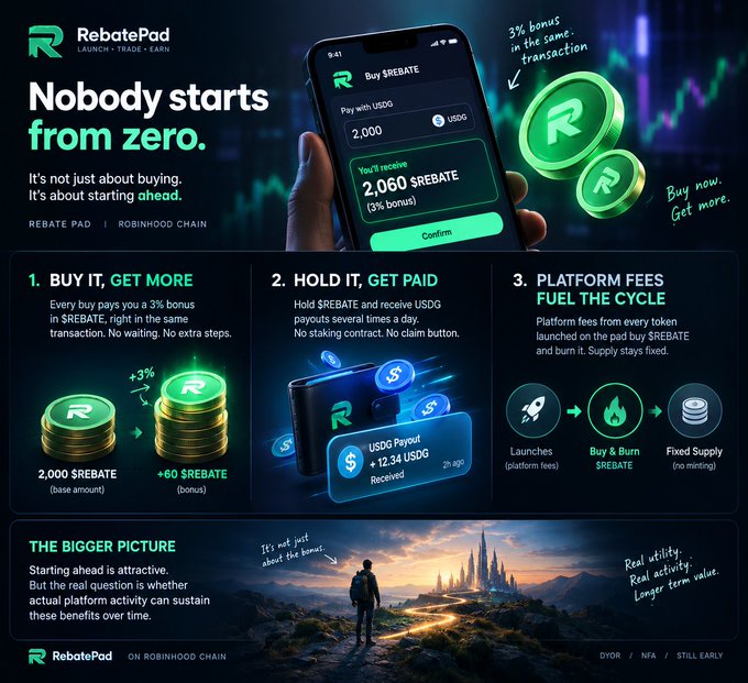 A RebatePad promotional graphic on Robinhood Chain says “Nobody starts from zero” and presents three steps: “BUY IT, GET MORE,” “HOLD IT, GET PAID,” and “PLATFORM FEES FUEL THE CYCLE,” alongside claims such as “3% bonus in the same transaction” and “Buy now. Get more.”