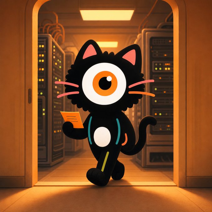 A cartoonish black cat with a single large orange eye stands in a server room, holding a small orange card or document while wearing what appears to be a backpack, fitting the caption's description of a hardworking feline amid rows of blinking server racks.