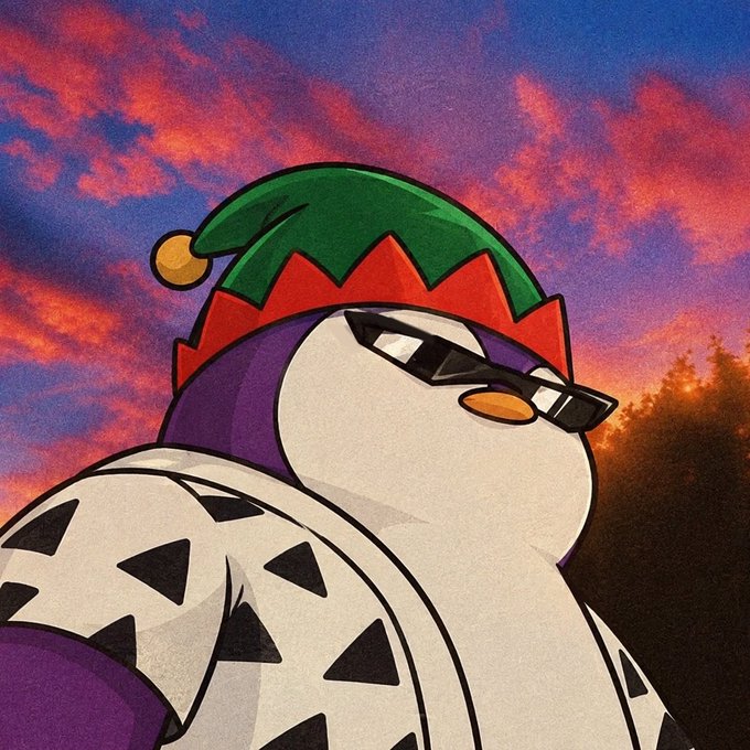 Digital illustration of a penguin wearing sunglasses, a green elf hat, and a patterned robe against a sunset sky background.