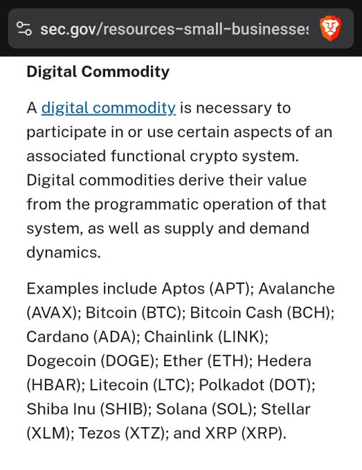 The image shows an SEC.gov resource page defining a "Digital Commodity" and listing examples, including Chainlink (LINK). The screenshot supports the post's claim by officially listing $LINK among recognized digital commodities on the SEC's website for small businesses.